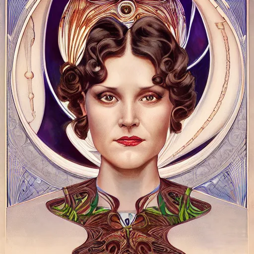 Image similar to an art nouveau, ( streamline moderne ), multi - racial portrait in the style of donato giancola and anna dittmann and charles dulac. very large, clear, expressive, and intelligent eyes. symmetrical, centered, ultrasharp focus, dramatic lighting, photorealistic digital matte painting, intricate ultra detailed background.