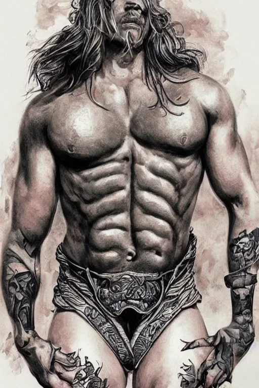 Prompt: Photorealistic Portrait of frontal standing pose torso of a very attractive muscular Jax Teller all his skin covered by dark grim themed tattoos: surrounded by magic lightings overlays, Intricate, concept art, magic lighting overlays, magical portal opened, D&D!, fantasy style, sharp focus!, ultra detailed, art by Artgerm and Peter Andrew Jones, WLUP, Magali Villeneuve