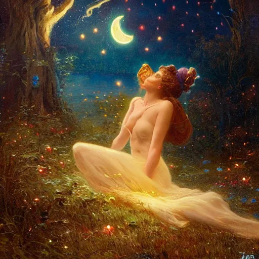 Image similar to attractive, fairy, in the night, fantasy, crescent moon in background, luminous, toadstools, fireflies, fantasy, highly detailed painting by gaston bussiere, craig mullins, j. c. leyendecker, mid shot, 8 k realistic, sharp focus