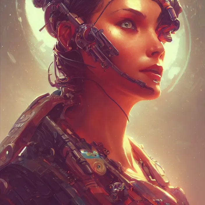 Image similar to a head and shoulders portrait of a female space pirate, neon, retro, steampunk, smooth, sharp focus, intricate, artstation, detailed concept art by Greg Rutkowski and Norman Rockwell and artgerm and Beksinski