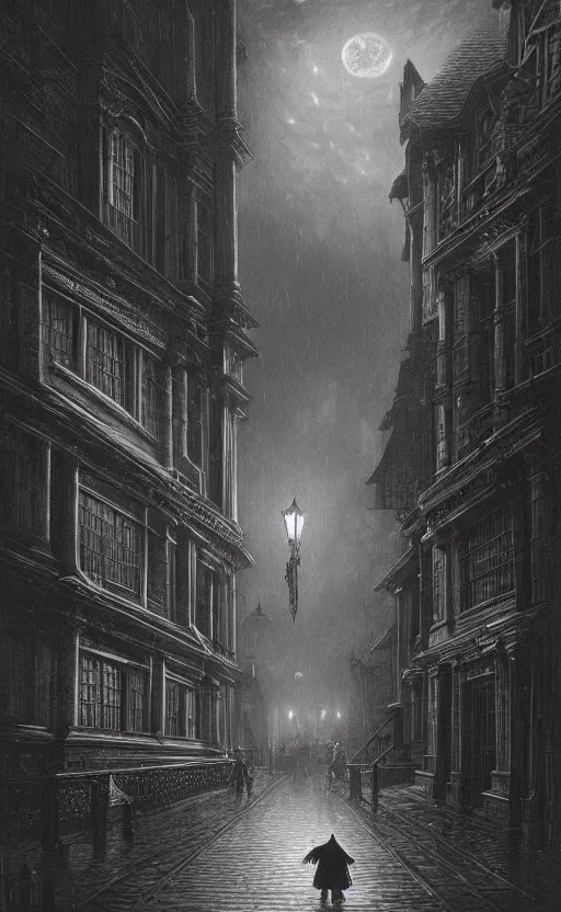 Prompt: A vampire lurks in the shadows of Victorian city in the night, illuminated by gas lamps, hyperdetailed, artstation trending, world renowned artists, worth1000.com, historic artworks society, antique renewel, cgsociety, by greg rutkowski, by Gustave Dore, Deviantart