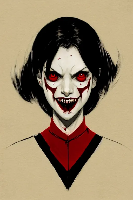 Image similar to scary female vampire nurse, symmetrical face, evil grin, portrait size, cinematic, dramatic, super detailed and intricate, by koson ohara, by darwyn cooke, by greg rutkowski, by satoshi kon