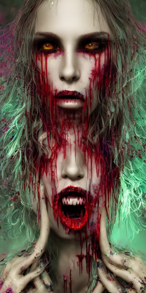 Prompt: impossibly beautiful vampire with large vampire fangs, full body, intricate complexity, horror, psychedelic glitch art, rainbow drip paint, trending on art station, photoreal, 8k, octane render