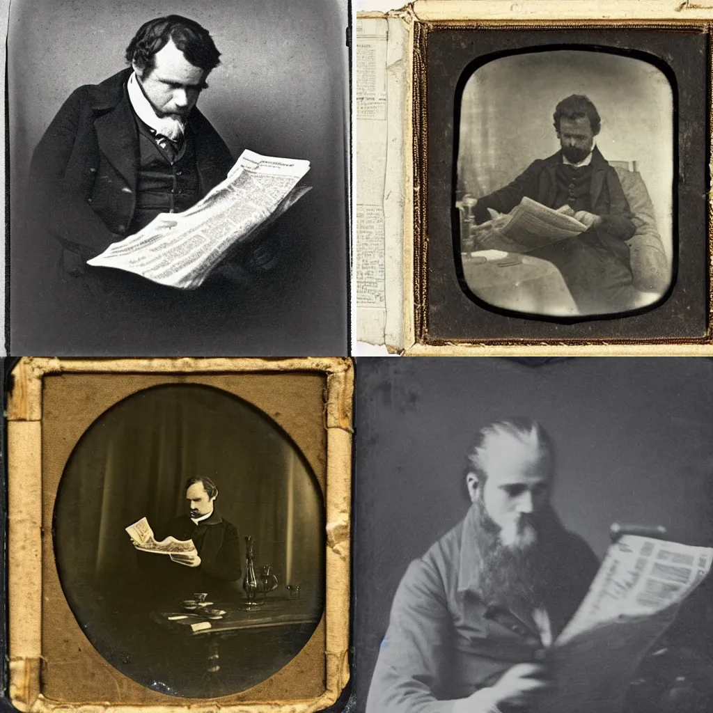 Prompt: A daguerreotype photograph of a man in a dark tavern reading a victorian newspaper article, 1880s, film grain, highly detailed