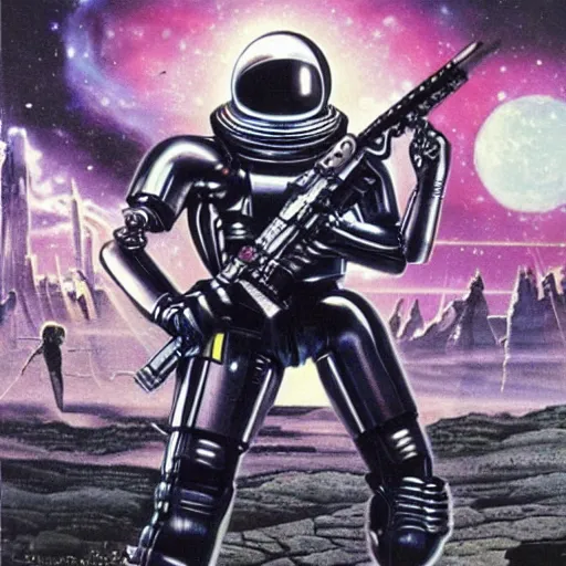 Image similar to 1 9 8 0's heavy metal album art, a shiny reflective detailed chrome cool cybernetic futurepunk 1 9 7 0's london punk rock android firing a giant rifle - style blaster rifle designed by ridley scott inside an alien spaceship