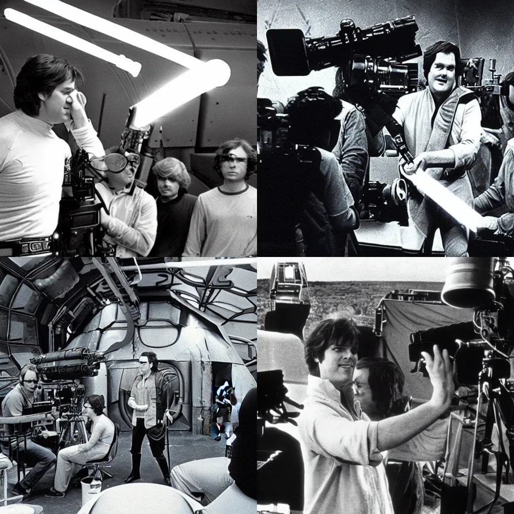 Prompt: Brandon Sanderson visits the set of Star Wars (1985), behind the scenes photography