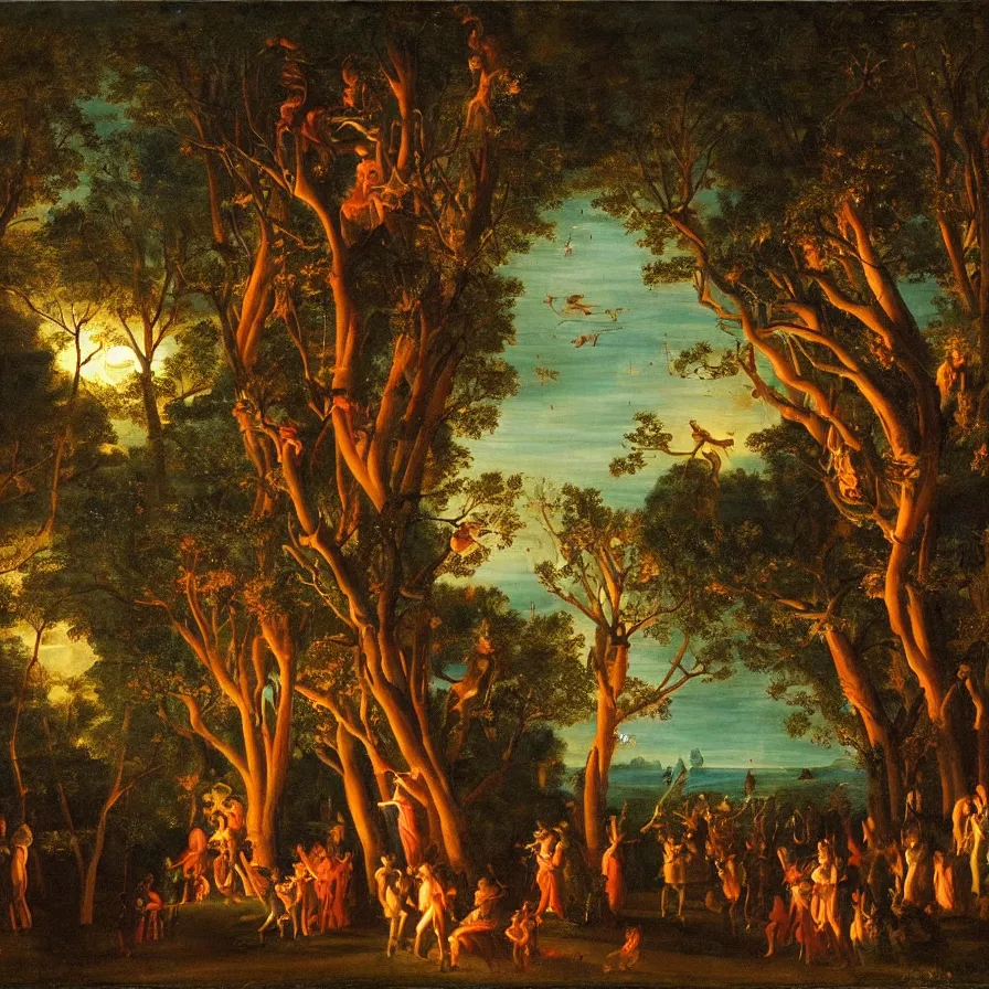 Image similar to a night carnival around a magical tree cavity, with a surreal orange moonlight and fireworks in the background, next to a lake with iridiscent water, christmas lights, folklore animals and people disguised as fantastic creatures in a magical forest by summer night, masterpiece painted by pompeo girolamo batoni, dark night environment