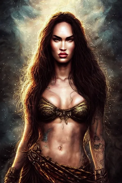 Prompt: majestic and regal portrait of a beautiful young megan fox fire goddess!!, intricate, epic, elegant, menacing, fantasy, highly detailed, digital painting, hard focus, beautiful volumetric lighting, epic light, ultra detailed, souls, smoke, by leesha hannigan, ross tran, thierry doizon, kai carpenter, ignacio fernandez rios