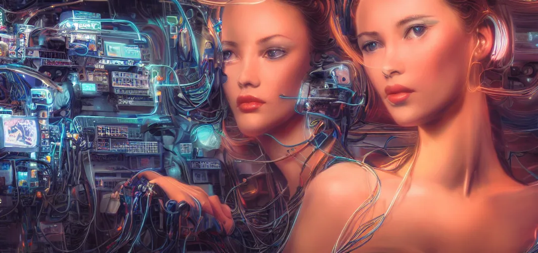 Image similar to dozens of computer monitors showing a beautiful woman's portrait, loose cables and wiring, exposed motherboards, neon lighting, dark room, cinematic lighting, very detailed, dramatic lighting, mechanical details, electrical details, high details, 4k, 8k, trending on artstation, by Hajime Sorayama and Boris Vallejo