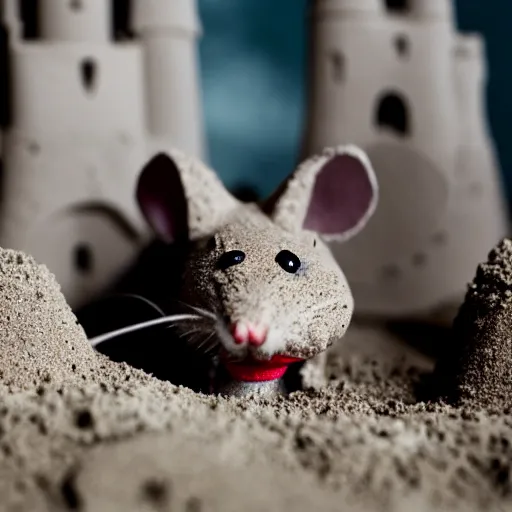 Image similar to dslr photo still of a mouse inside a sand castle, 8 k, 8 5 mm f 1. 4