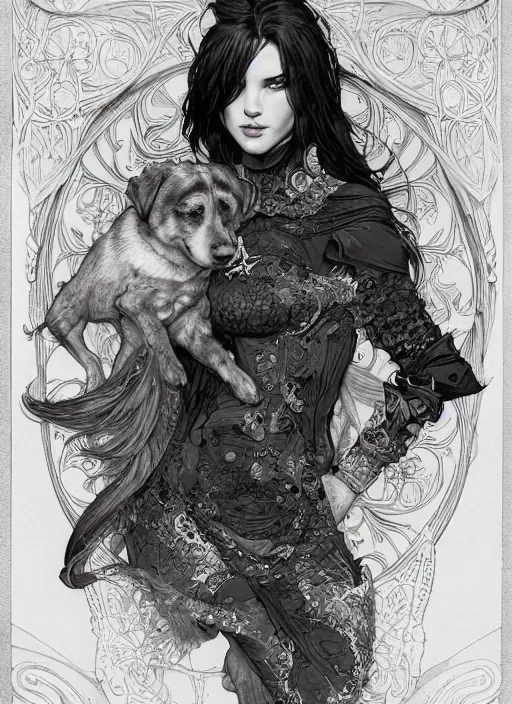 Prompt: detailed portrait of random dogs card, dark and white, behance hd artstation, by moebius, alphonse mucha, ayami kojima, amano, greg hildebrandt, and mark brooks, masculine, male, art nouveau, neo - gothic, gothic, character concept design, dynamic light, stylised illustration, disco elysium, nice details