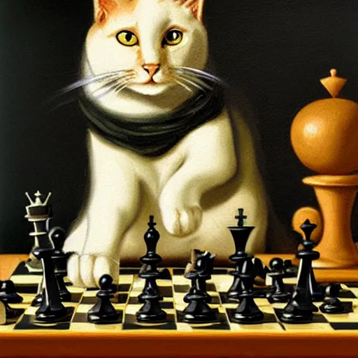 Prompt: a cat playing chess looking wise, rococo oil painting