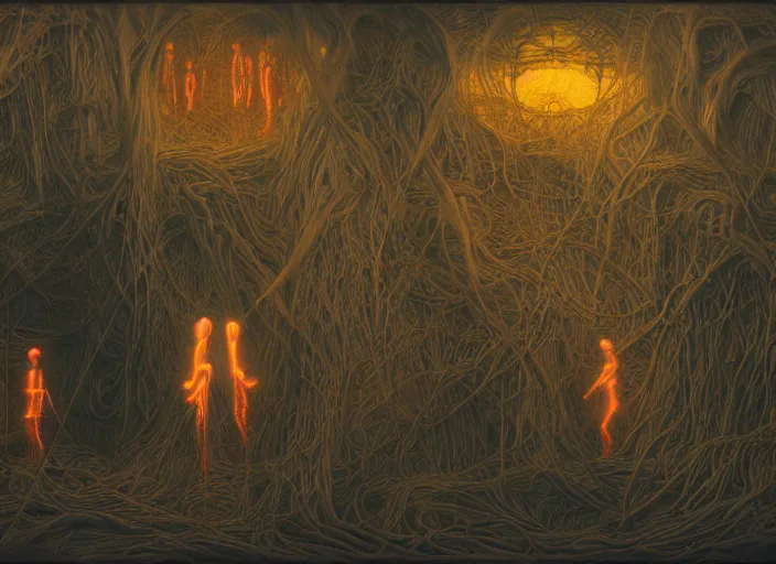 Image similar to satanic ritual, neon, they are watching, RGB, glowing wires everywhere, pristine, by Edgar Maxence and Ross Tran, Zdzisław Beksiński, and Michael Whelan, distant, gustav dore, H.R. Giger, 8k, octane render