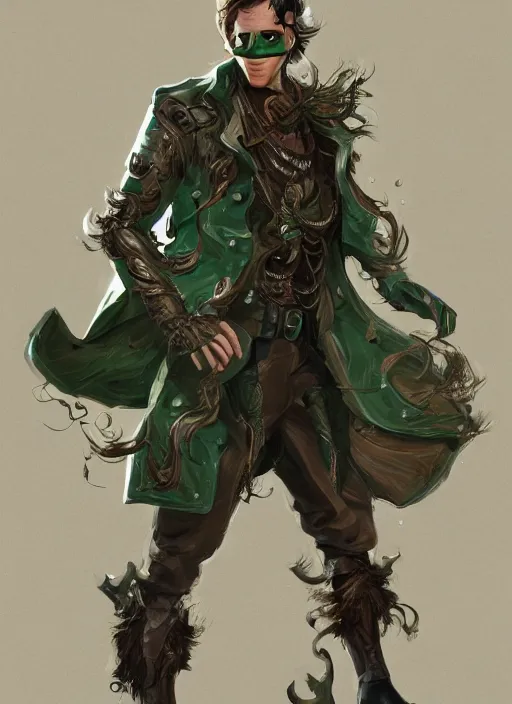 Image similar to a highly detailed illustration of thick wavy brown haired young white guy wearing brown detective trench coat and wearing dark green mask, with many long mechanical arms on his back, dramatic standing pose, intricate, elegant, highly detailed, centered, digital painting, artstation, concept art, smooth, sharp focus, league of legends concept art, WLOP