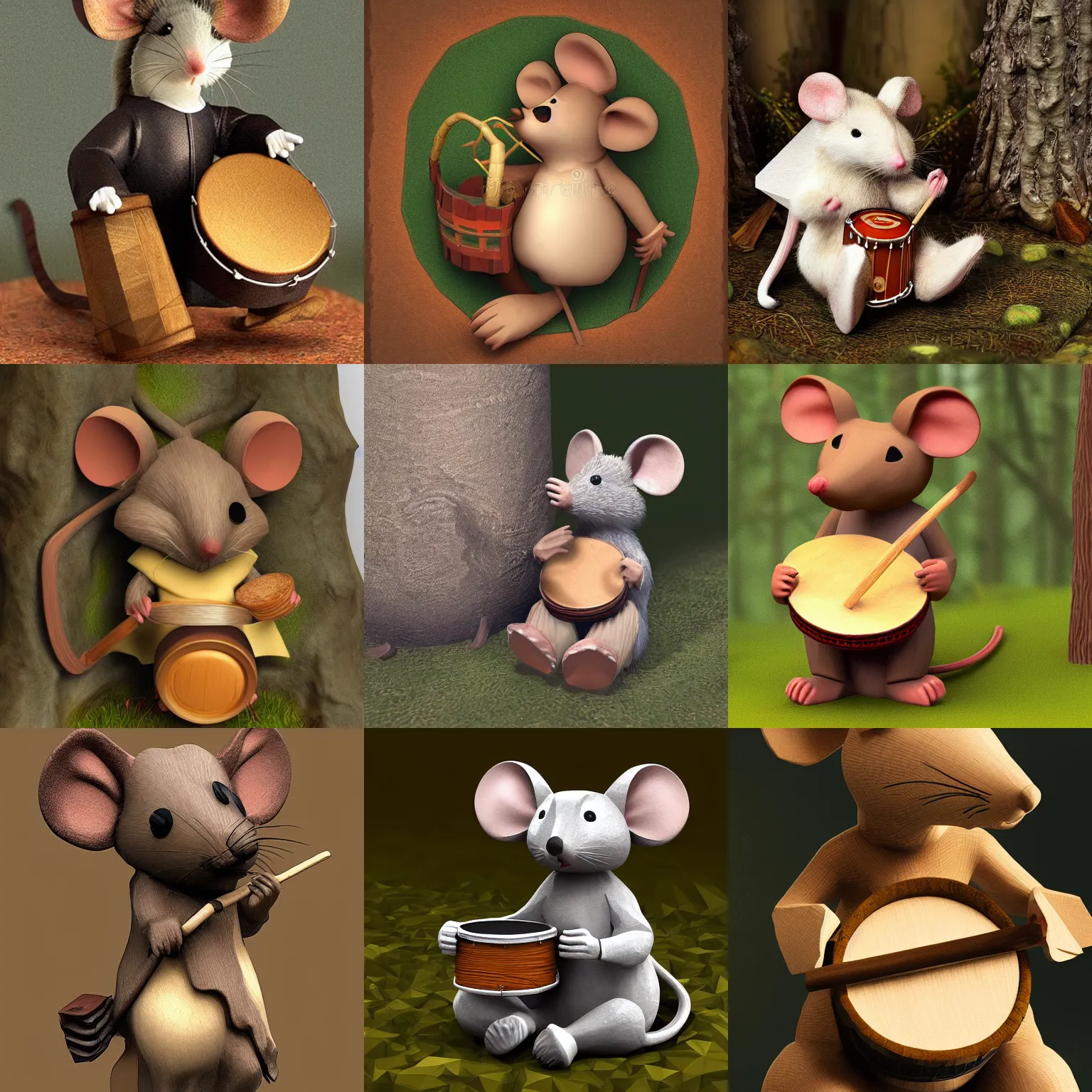 Prompt: mouse holding a drum, sitting in the forrest, medieval portrait, low poly, close up