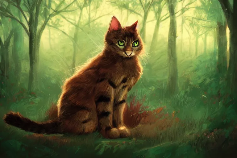 Image similar to cat in the forest, frontlighting, digital art, trending on artstation, fanart, by kawacy