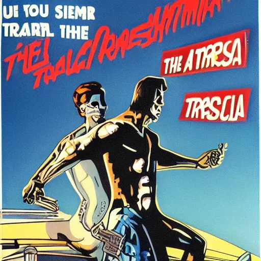 Prompt: the terminator surfing usa with dracula, 6 0 s color animation