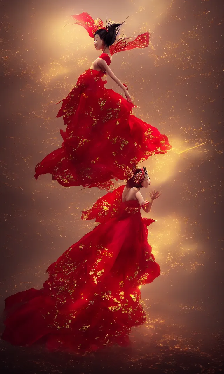 Image similar to chinese princess, dance, fairy, beautiful, stunning, red and gold dress, spinning in the sky, unreal engine, concept art, photo realism, film, james jean, akira, satochi con, character design, void arcanist, mist, photorealistic, octane render, unreal engine, hyper detailed, volumetric lighting, 8 k