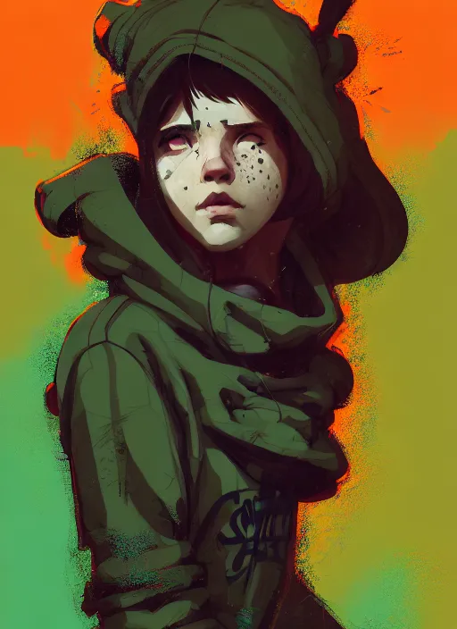 Image similar to highly detailed portrait of a sewer style seattle student, tartan hoody, by atey ghailan, by greg rutkowski, by greg tocchini, by james gilleard, by joe fenton, by kaethe butcher, gradient green, brown, blonde crea, orange, brown and white color scheme, grunge aesthetic!!! ( ( graffiti tag wall background ) )