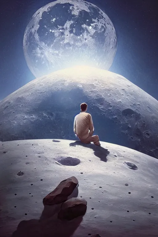 Image similar to Man sitting on the moon with a view of the earth in the background, elegant, digital painting, highly detailed, artstation, concept art, smooth, sharp focus, illustration, art by artgerm and greg rutkowski.