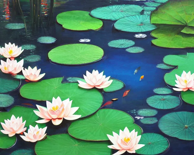 Image similar to koi pond, lotus flowers, dark blue water, green lily pads, goldfish, a fantasy painting by makoto shinkai and James Gurney, trending on artstation