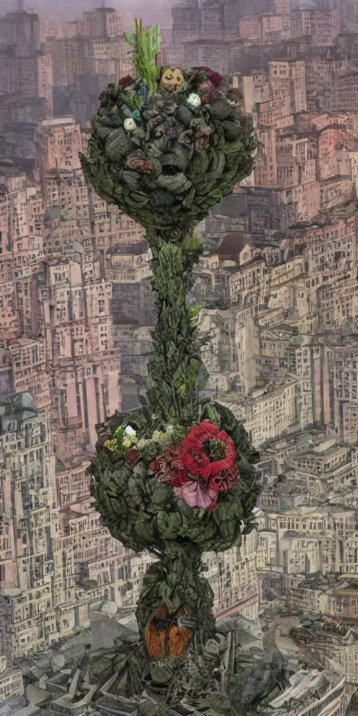 Image similar to giant grotesque flower in the middle of abandoned early soviet constructivist cityscape, Stalinist architecture, ultradetailed by Hayao Miyazaki and Josan Gonzalez and Makoto Shinkai and Giuseppe Arcimboldo and Wes Anderson