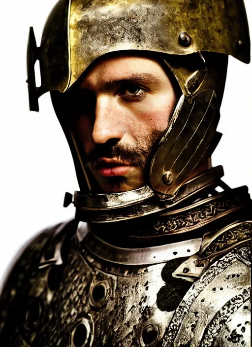 Prompt: close - up portrait of roman gladiator with helmet and armor, color photograph by paolo roversi