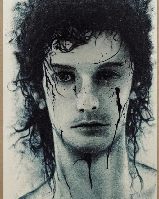 Prompt: a beautiful but sinister young man in layers of fear, with haunted eyes and wild hair, 1 9 7 0 s, seventies, woodland, a little blood, moonlight showing injuries, delicate embellishments, painterly, offset printing technique, by walter popp