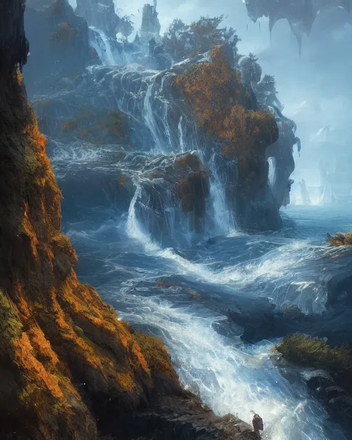 Prompt: cascade de surpris, blue sea, environment art, fantasy art, landscape art, in the style of greg rutkowski, illustration, epic, fantasy, intricate, hyper detailed, artstation, concept art, smooth, sharp focus, ray tracing