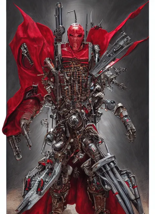 Image similar to portrait of rotten Nicolas Cage as adeptus mechanicus in red hood and robe from Warhammer 40000. Highly detailed, artstation, illustration by and John Blanche and zdislav beksinski and wayne barlowe