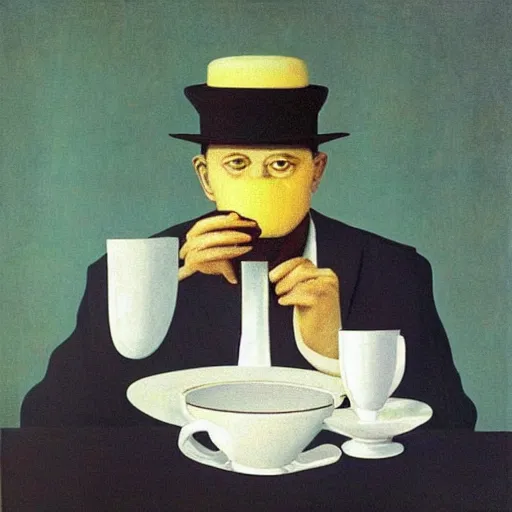 Image similar to “king drinking a cup of tea by Magritte, 8k, highly detailed”