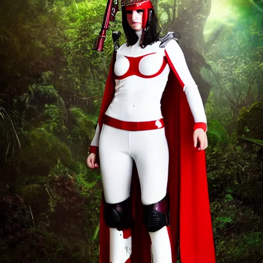 Image similar to a young female soldier wearing blood-spattered glossy sleek white dinged scuffed armor and a long torn red cape, standing in a rainy jungle, heroic posture, determined expression, elegant, battle weary, no helmet, dramatic lighting, cinematic, sci-fi, hyperrealistic, detailed