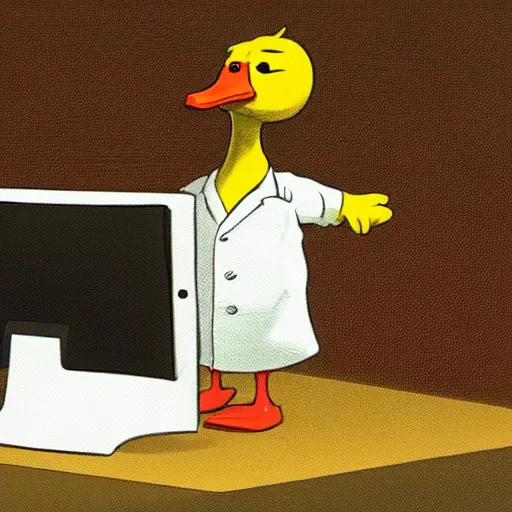 Image similar to a duck wearing a labcoat, computers in the background