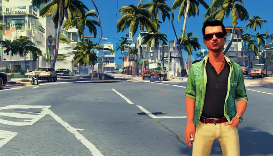 Image similar to in the streets of miami in the style of gtav, full - frame of tommy vercetti, wearing a hawaiian - shirt, as a character from gtav, looking at camera