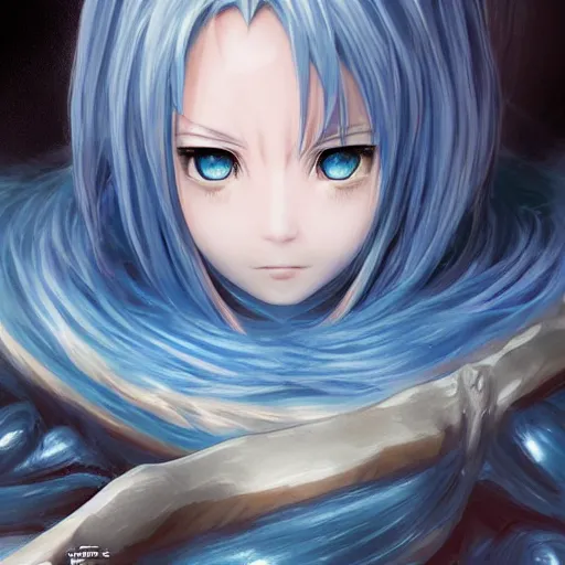 Image similar to rimuru tempest, tensei shitara slime datta ken, super highly detailed, professional digital painting, concept art, sharp focus, extreme illustration, unreal engine 5, photorealism, hd quality, 8 k, black hoodie, cinematic, art by artgerm, yoshitaka amano and junji ito