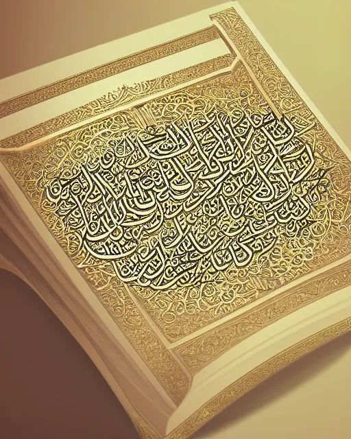 Prompt: pages of the quran falling down, gold filigree, romantic storybook fantasy, soft cinematic lighting, award, pastel color palette, featured on artstation