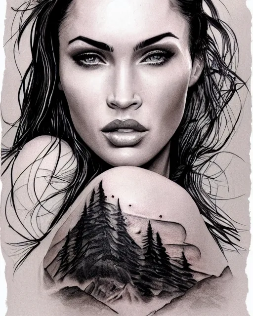 Image similar to realism tattoo design sketch of megan fox face blended with beautiful mountain scenery, in the style of dan mountford, double exposure photography, hyper realistic, amazing detail, black and white