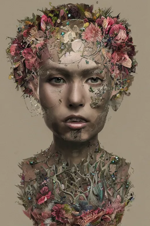 Image similar to portrait of beautiful young mainem, warhammer, japaneese style, cyber armor, a lot of more scars, more and more flowers, green head, the middle ages, highly detailed, artstation, illustration, art by rene magritte, 8 k quality