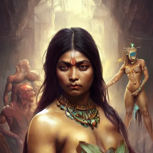 Prompt: painting of a muscular dark nepali female, big eyes, fat, ultra realistic, concept art, intricate details, eerie, highly detailed, photorealistic, octane render, 8 k, unreal engine. art by artgerm and greg rutkowski and alphonse mucha