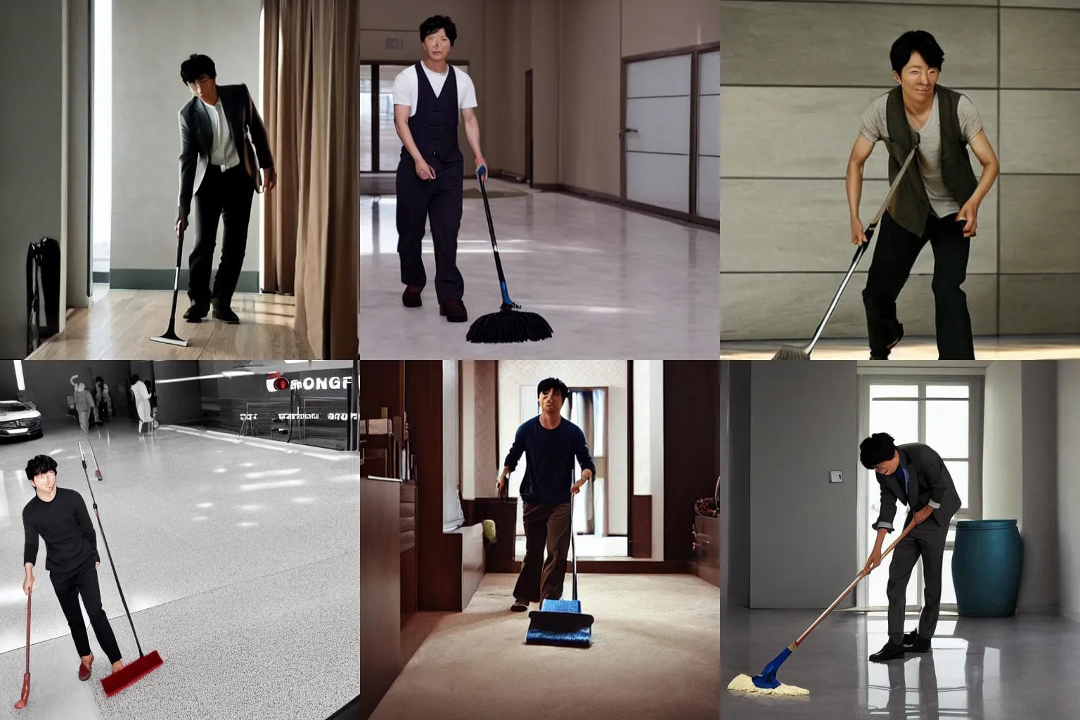 Prompt: gong yoo sweeping the floor, handsome, very detailed, soft lighting, sunny day