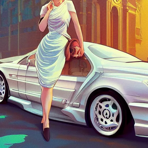 Image similar to Princess Diana standing next to a Mercedes-Benz W140, highly detailed, digital painting, artstation, concept art, smooth, sharp focus, illustration, art by artgerm and alphonse mucha, high definition digital art, in the style of Ross tran and ilya kuvshinov