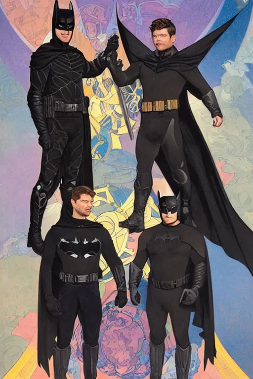 Image similar to a detailed matte portrait of jensen ackles and misha collins dressed as batman and robin, masterpiece, 8 k, art by alphonse mucha and greg rutkowski