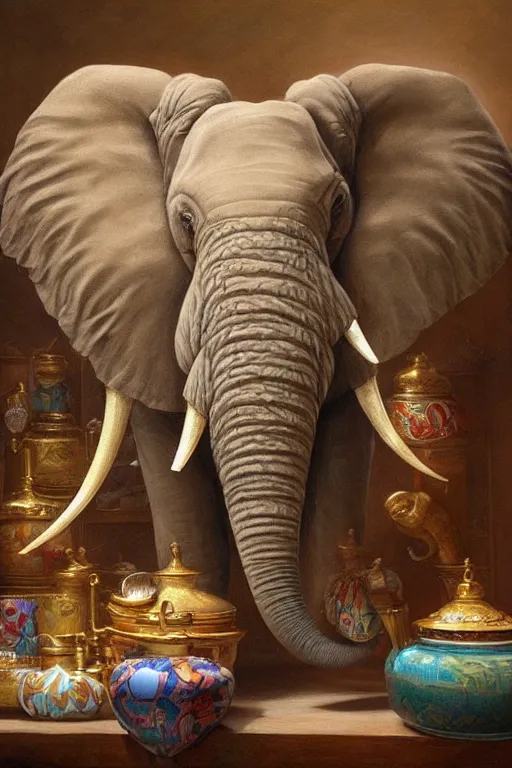 Prompt: one elephant in a porcelain shop, cgsociety, oil painting by justin gerard