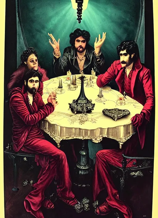 Prompt: old movie poster from 8 0 - s with three vampires from < < what we do in the shadows > > sitting around a table, baroque style art by gustave dore, neon lights in the background, dramatic light