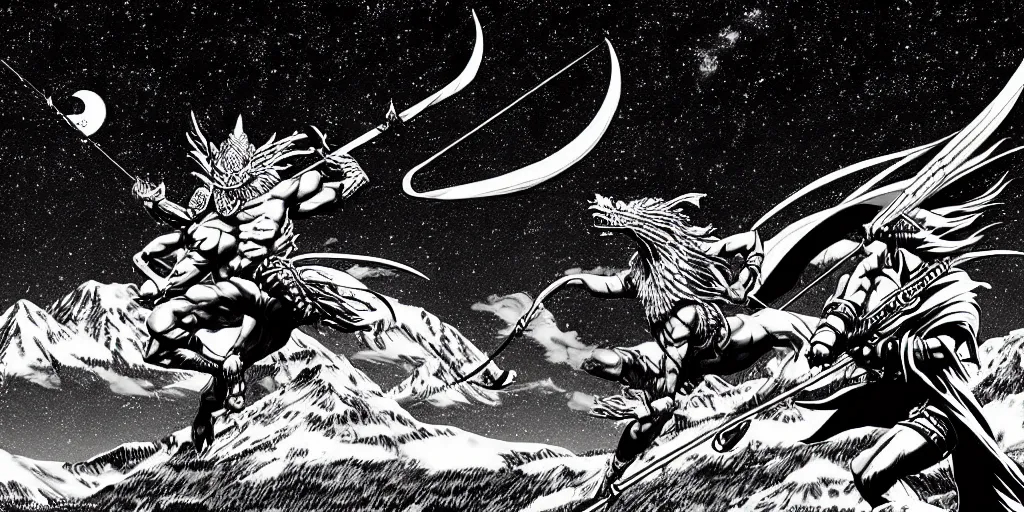 Image similar to archer. dragon. night sky. moon. mountain. dark fantasy. epic fight. detailed. digital art. black and white. by kentaro miura