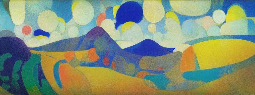 Image similar to An insane, modernist landscape painting. Wild energy patterns rippling in all directions. Curves, organic, zig-zags. Mountains, clouds. Rushing water. Waves. Psychedelic dream world. Odilon Redon. Alex Katz.