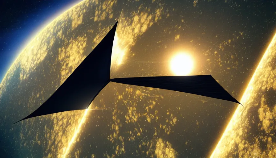 Image similar to solar sail in space, blocking sun, earth visible below, octane render, dramatic