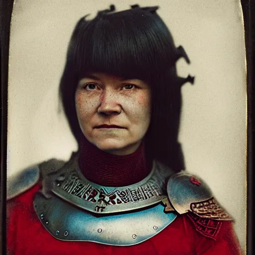 Prompt: head and shoulders portrait of a female knight, inuk, ballistic armor, tonalist, symbolist, realistic, ambrotype, baroque, detailed, modeled lighting, vignetting, turquoise and venetian red, angular, smiling, raven