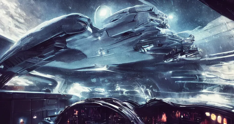 Prompt: gorilla in a white blade runner jacket behind the wheel of a spaceship, in the andromeda galaxie by ash thorp