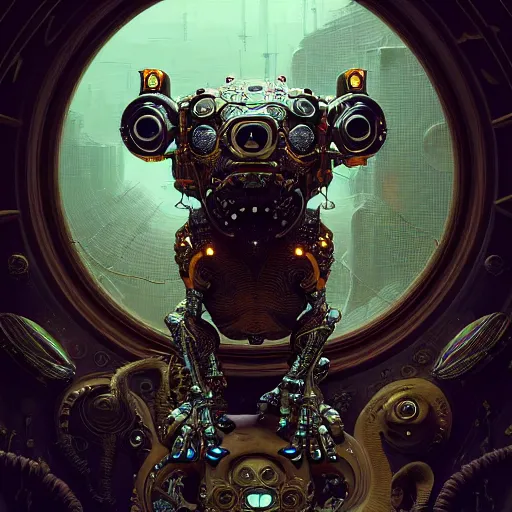 Prompt: cyborg animal : by michal karcz, daniel merriam, victo ngai and guillermo del toro : ornate, dynamic, particulate, intricate, elegant, highly detailed, centered, artstation, smooth, sharp focus, octane render